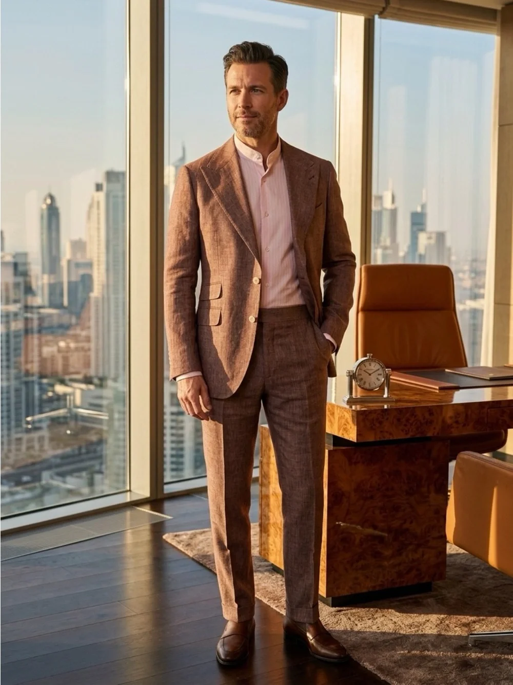Brown khaki Men's Linen suit made in Italy